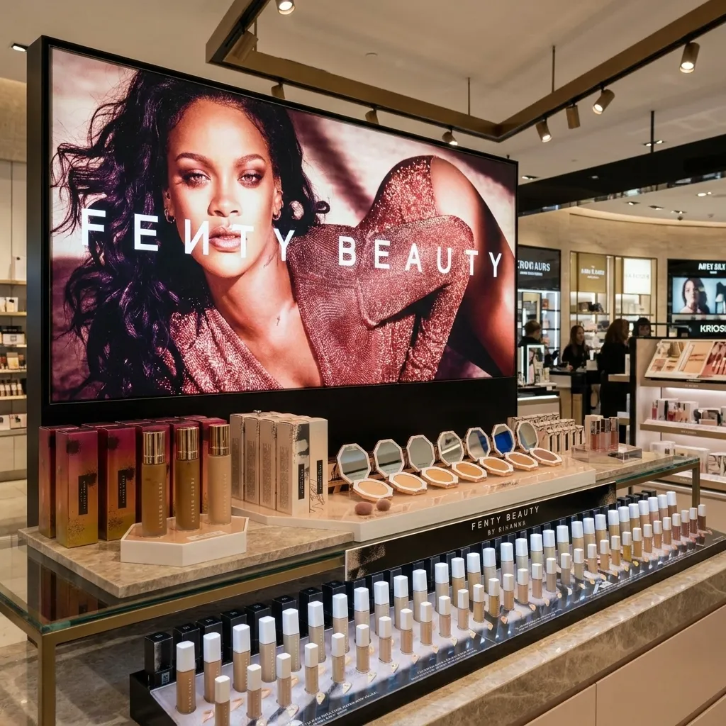 A vibrant display of Fenty Beauty products with a large image of Rihanna in the background, representing her billionaire empire