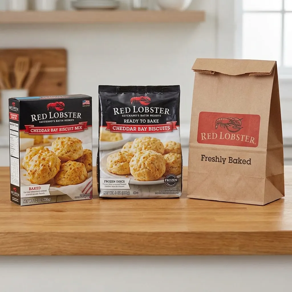 A side-by-side comparison on a kitchen counter showing a box of Red Lobster Cheddar Bay Biscuit Mix, a bag of frozen Ready to Bake biscuits, and a takeout bag of freshly baked biscuits.