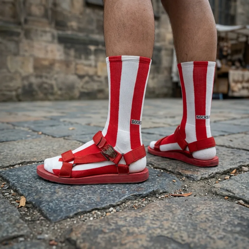 Close up of a person wearing bold red and white striped socks paired with red strappy sandals
