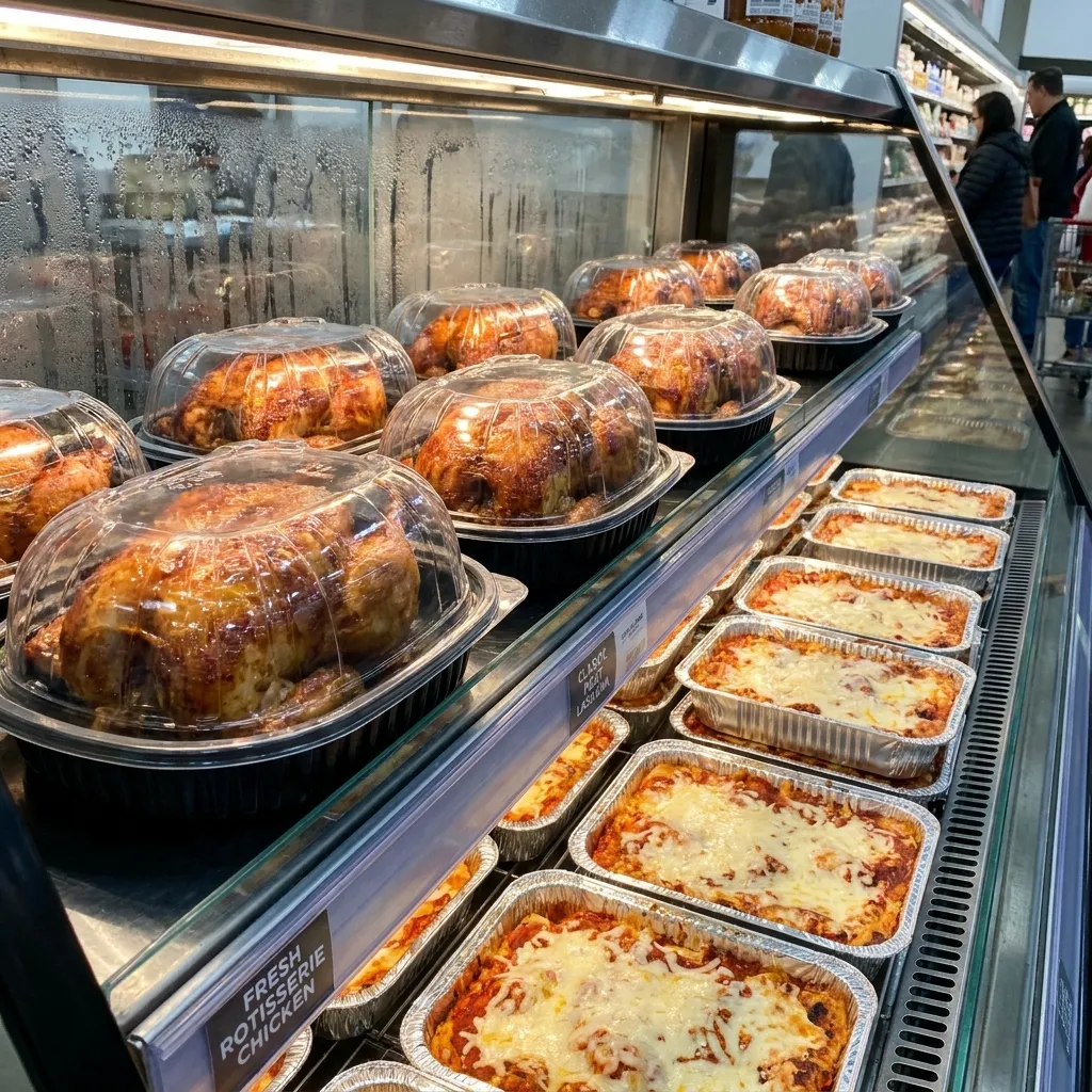 A grocery store hot deli display featuring roasted whole rotisserie chickens in plastic domes on the top shelf and foil pans of baked lasagna on the bottom shelves.