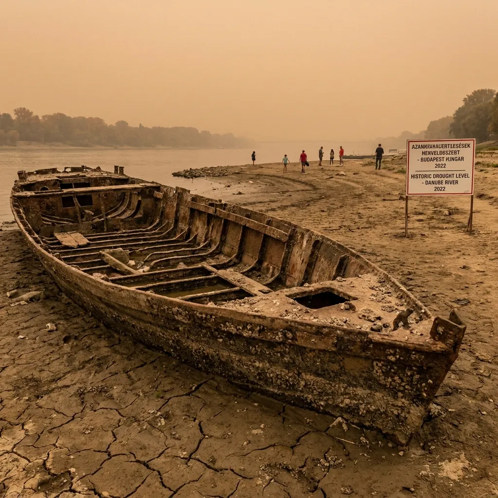 Large, rusted shipwreck stranded on the severely cracked mud of the Danube River in Budapest during the 2022 historic drought, set against a hazy orange sky.
