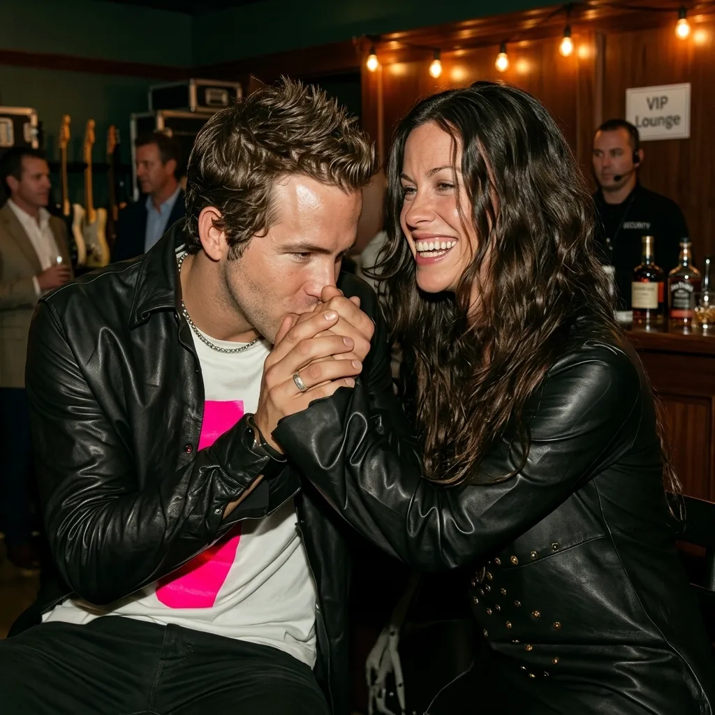 Ryan Reynolds affectionately kissing the hand of a smiling Alanis Morissette as they sit together