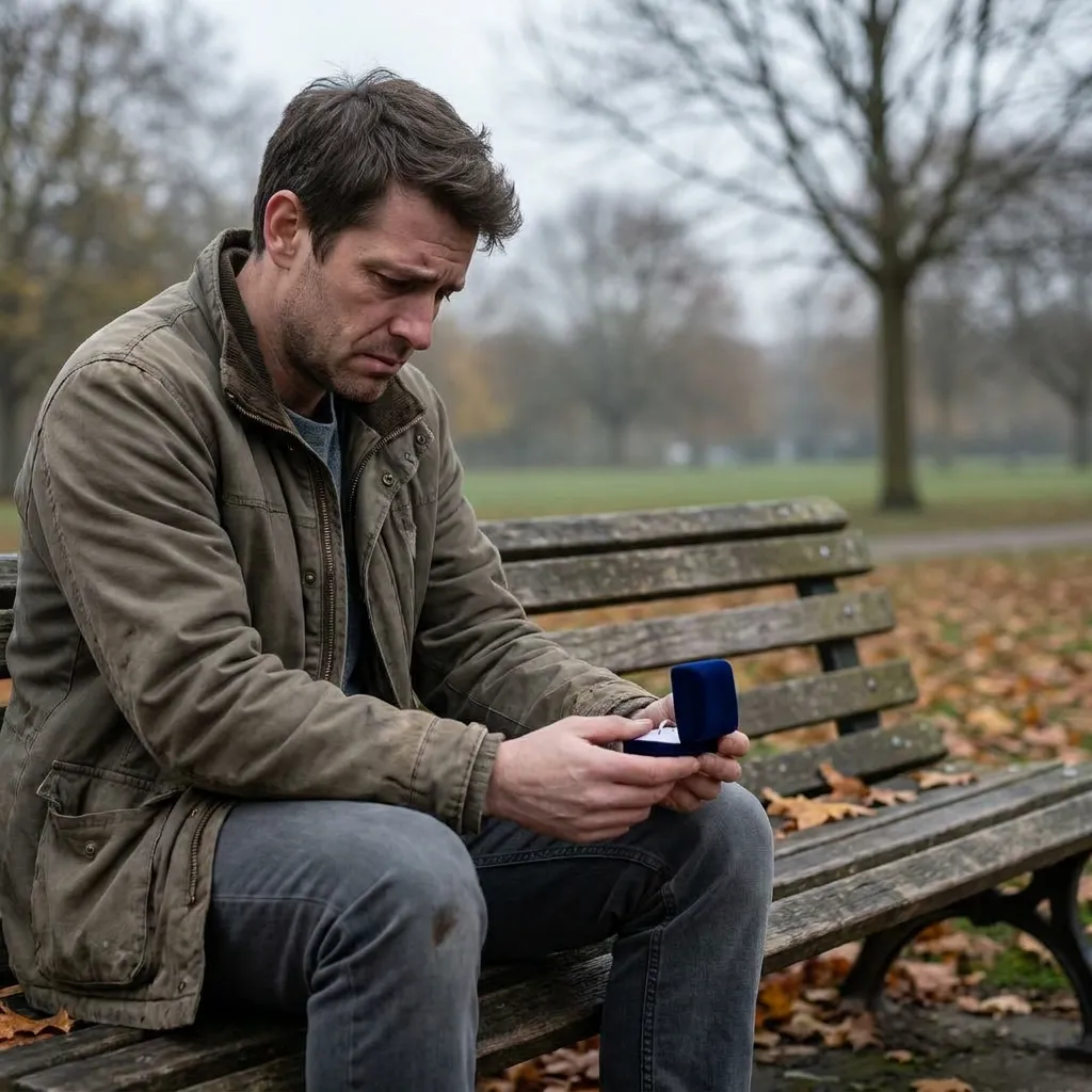 A sad, dejected man sitting alone on a wooden park bench on an overcast autumn day, staring down blankly at an open ring box he is holding in his hands.