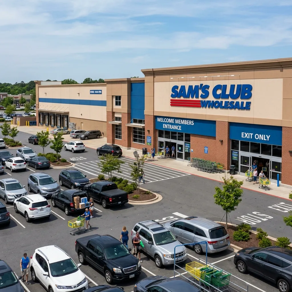 An elevated exterior view of a Sam's Club Wholesale store, showing customers with shopping carts entering and exiting the building next to a busy parking lot.