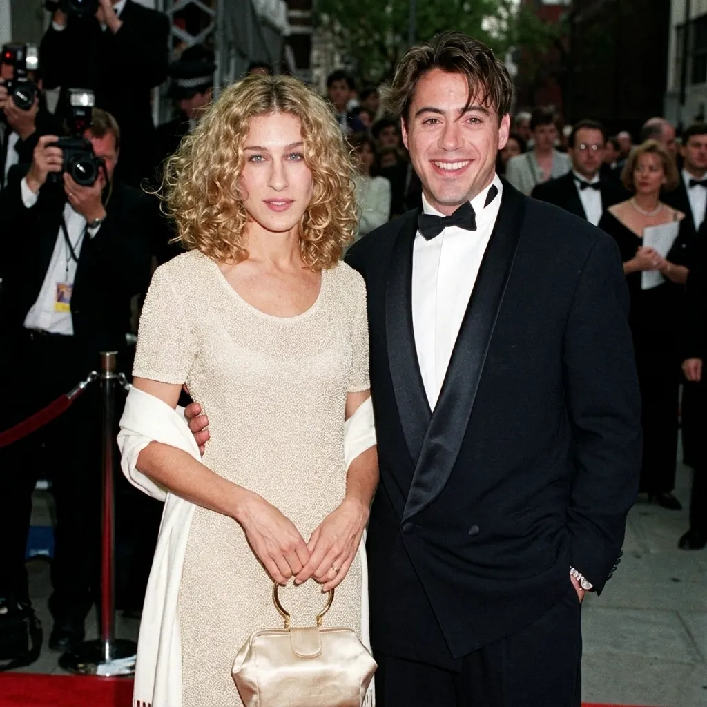 Sarah Jessica Parker and Robert Downey Jr. smiling on a red carpet, with Parker holding a gold handbag in a beige dress and Downey Jr. in a black tuxedo.