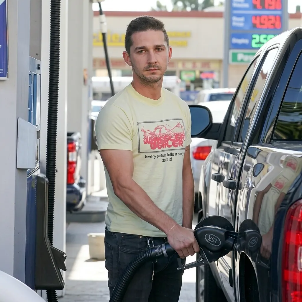 Shia LaBeouf wearing a yellow graphic t-shirt and dark jeans, looking toward the camera while pumping gas into a black truck.