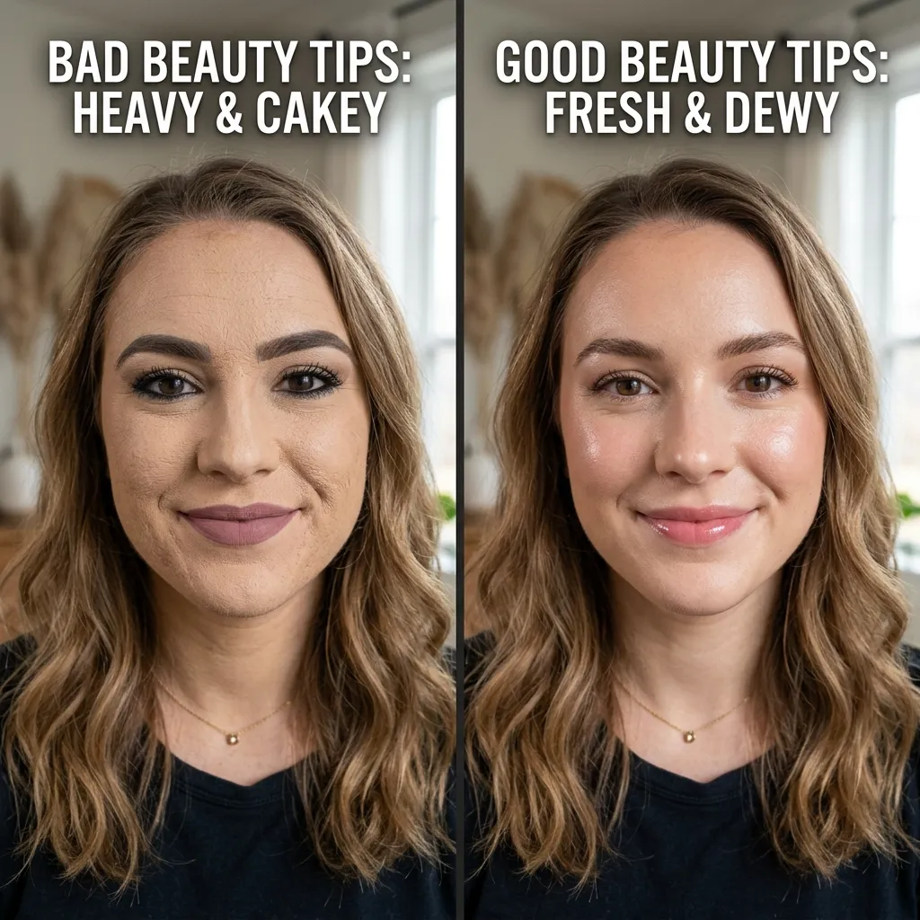 The left side, labeled "BAD BEAUTY TIPS: HEAVY & CAKEY," shows a woman wearing thick, matte foundation that emphasizes skin texture. The right side, labeled "GOOD BEAUTY TIPS: FRESH & DEWY," shows the same woman with a smooth, natural, and glowing complexion.