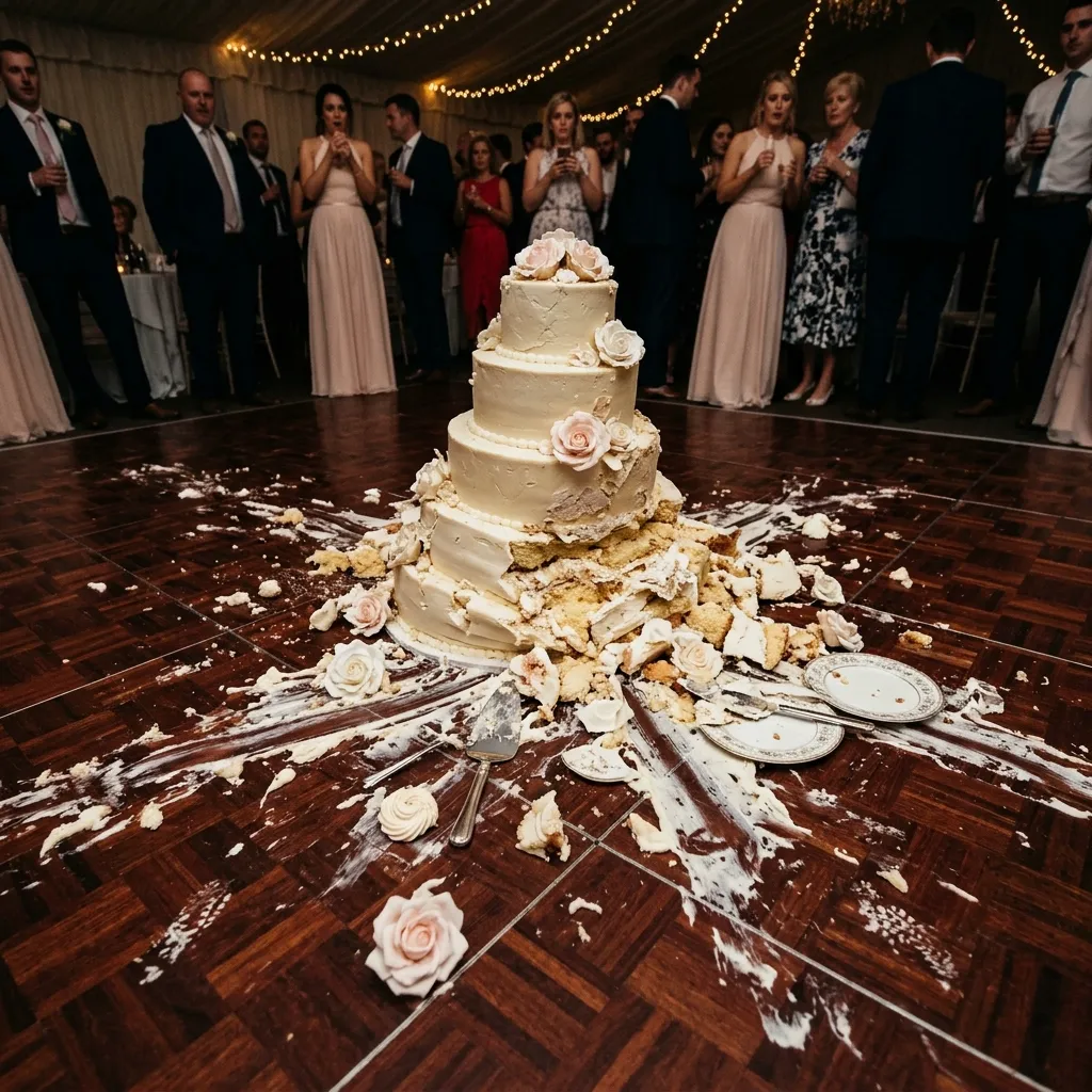 A destroyed, multi-tiered white wedding cake decorated with pink roses lies smashed in the center of a wooden dance floor, surrounded by shocked wedding guests looking on in the background.