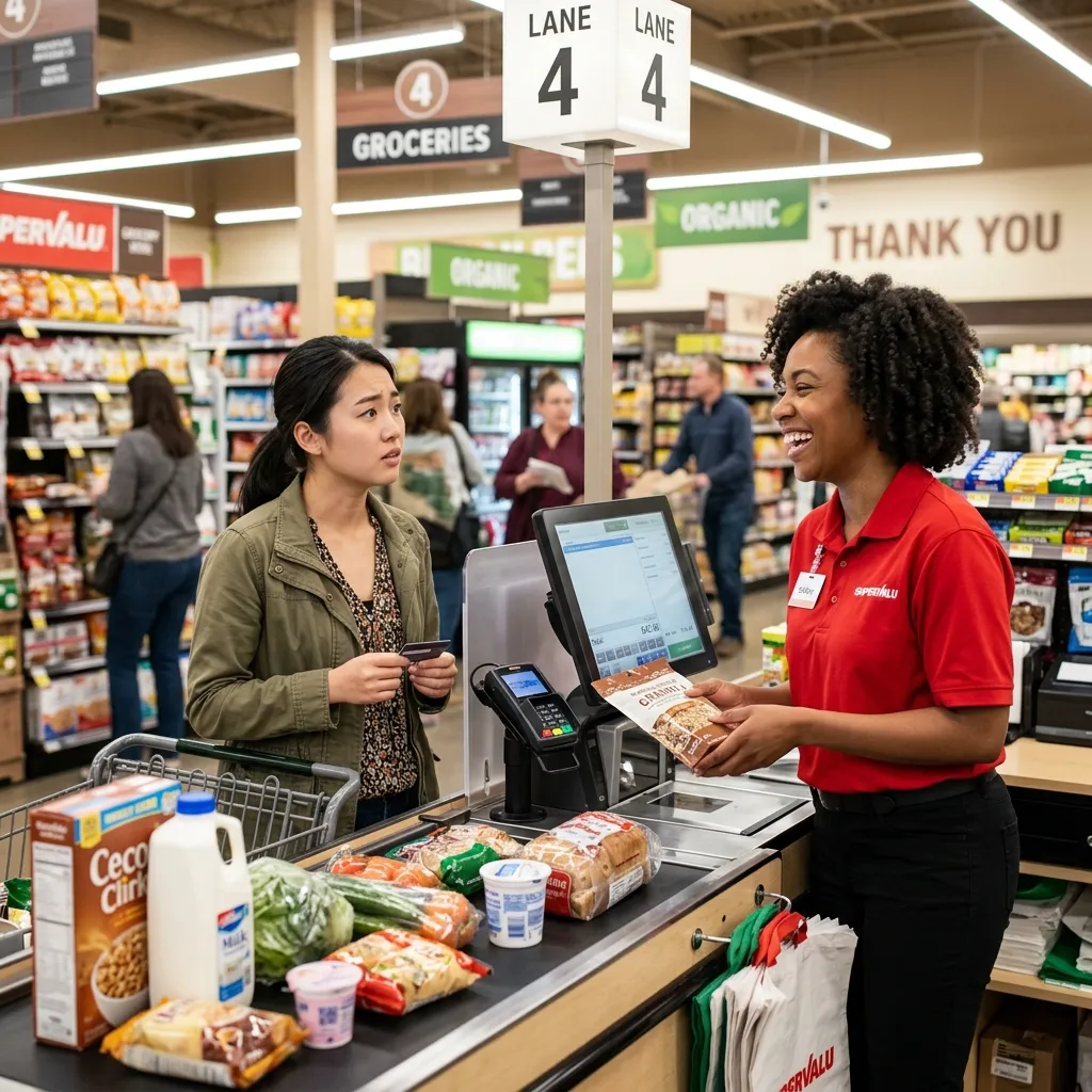 A smiling cashier wearing a red shirt scanning groceries at a checkout lane while a customer with a shopping cart waits to pay.