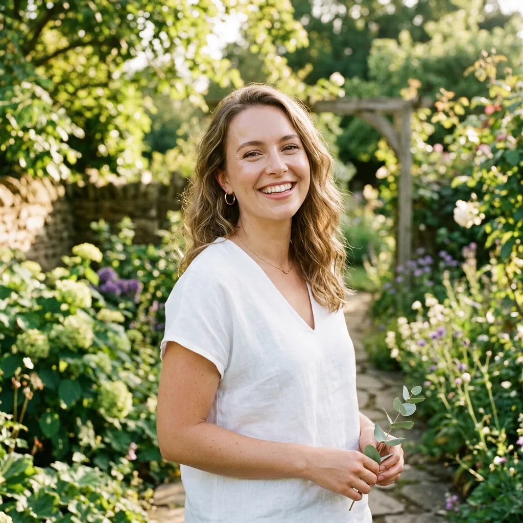 A smiling woman with wavy brown hair wearing a white V-neck linen top, standing in a lush green garden and holding a small sprig of leaves.