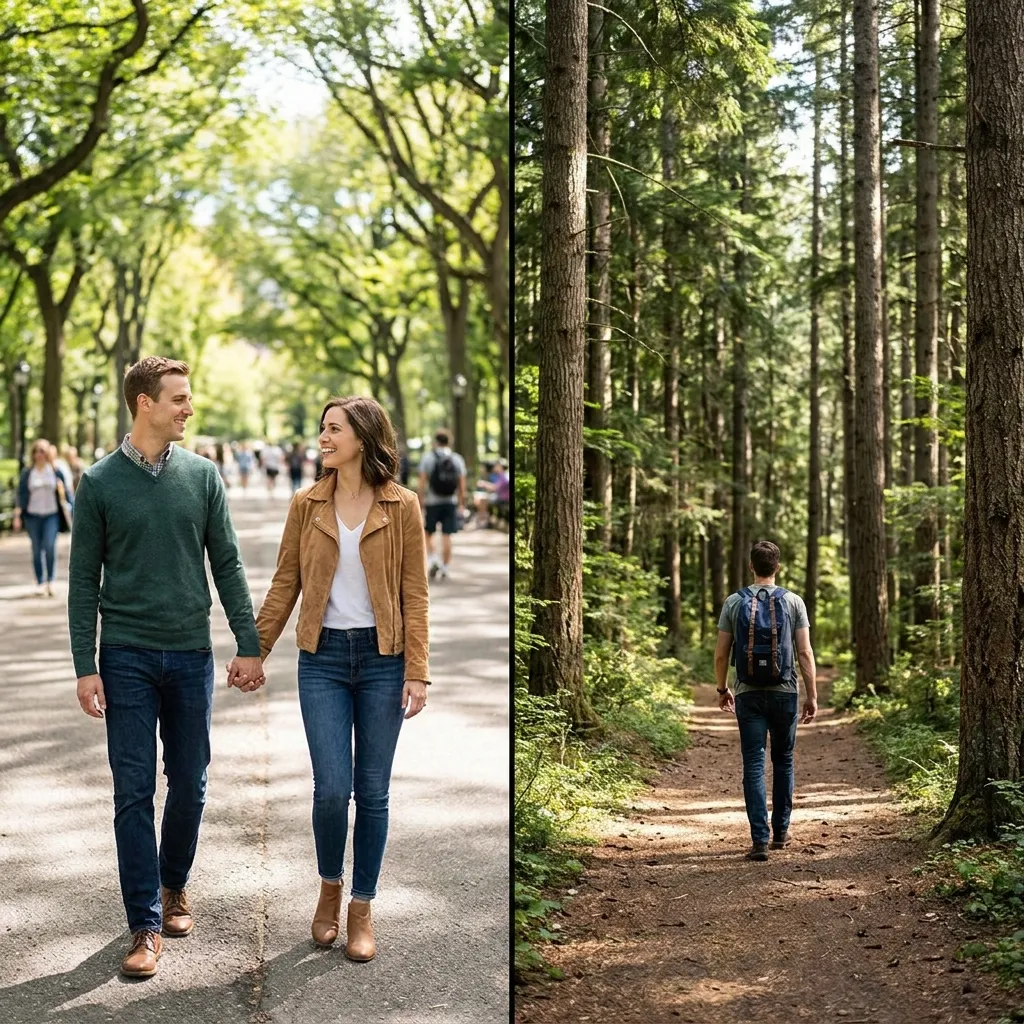 A split-screen image showing a smiling couple holding hands and walking down a sunny, paved park path on the left, contrasted with a lone man wearing a backpack walking away down a dirt trail in a dense, green forest on the right.
