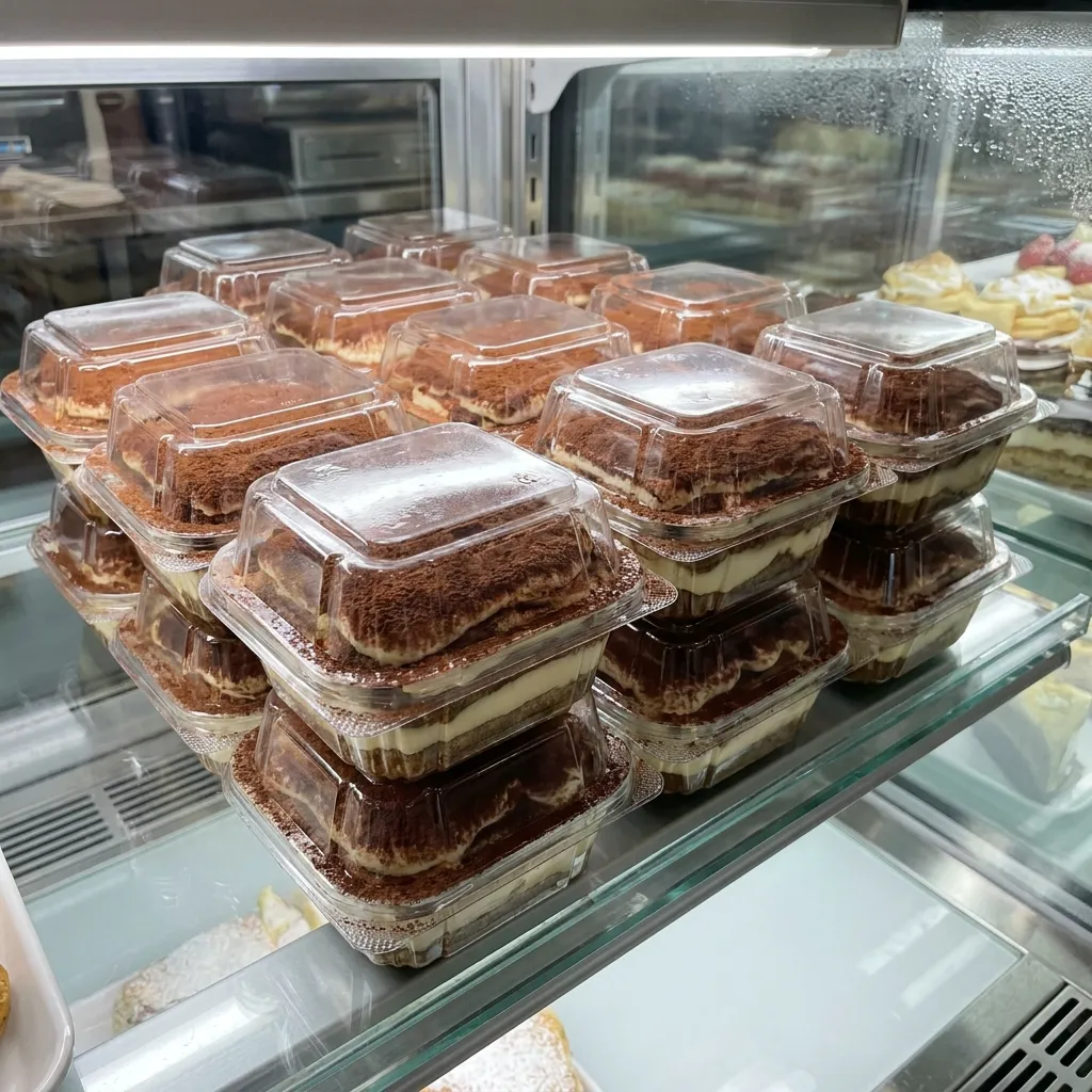 Multiple clear plastic containers of tiramisu stacked on glass shelves inside a refrigerated bakery display case.
