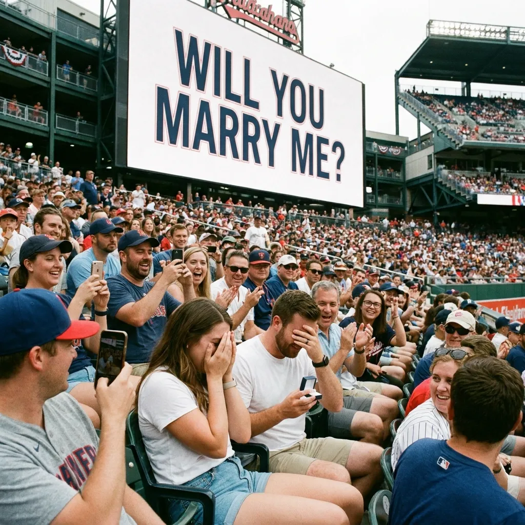 A crowded baseball stadium with a large jumbotron displaying the words 'WILL YOU MARRY ME?'. In the foreground stadium seats, a man holding a ring box and the woman next to him are both covering their faces in severe embarrassment while surrounding fans cheer, clap, and take photos on their phones.