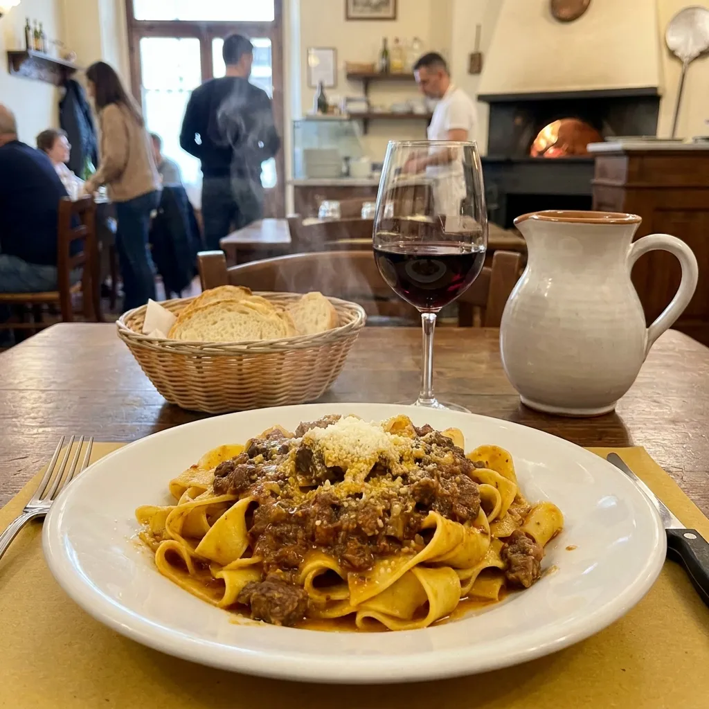 Steaming plate of pasta with meat sauce, red wine, and bread at a wooden restaurant table.