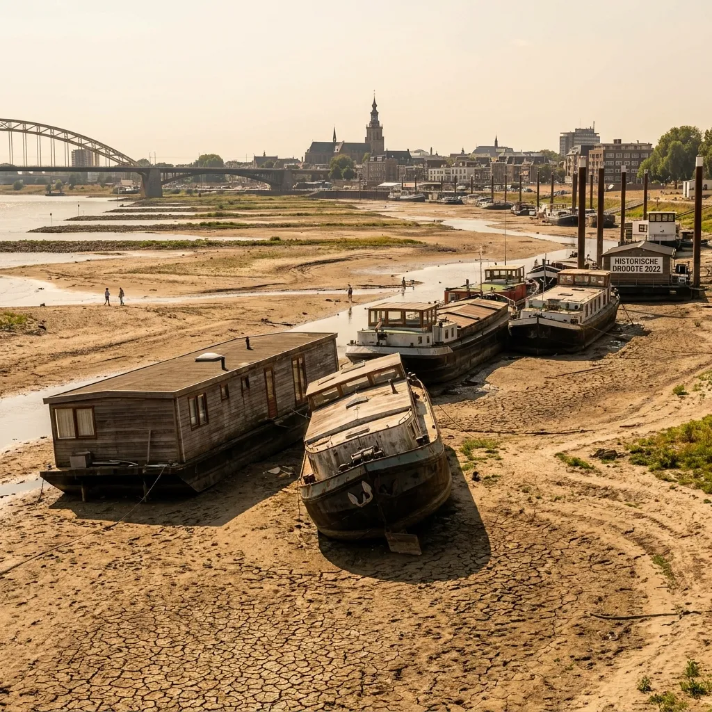 Row of houseboats and river barges grounded on parched, cracked earth due to the 2022 historic drought, with a city skyline and arched bridge in the background.
