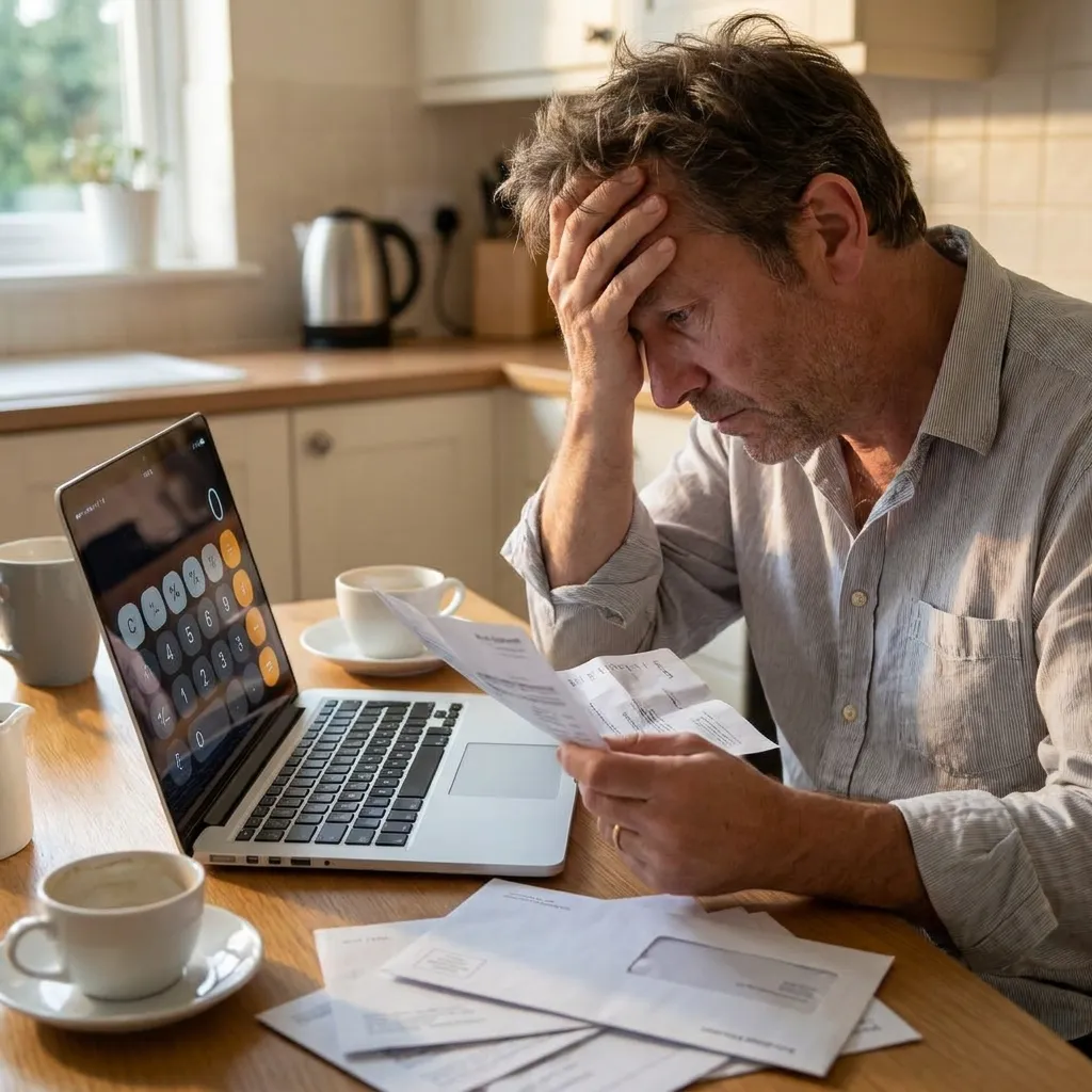 A person looking stressed while reviewing a credit card bill and using a laptop calculator