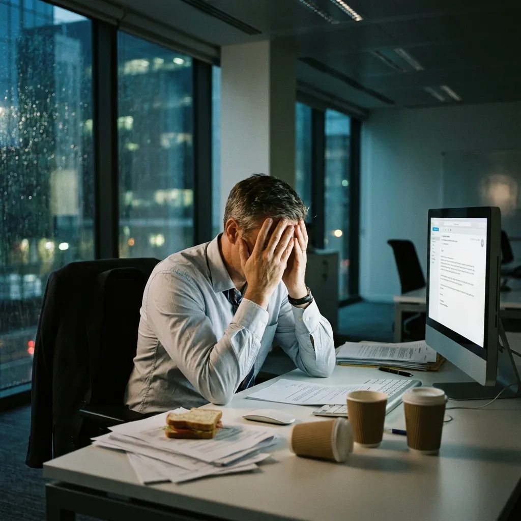 Stressed businessman holding his head while working late at a computer.