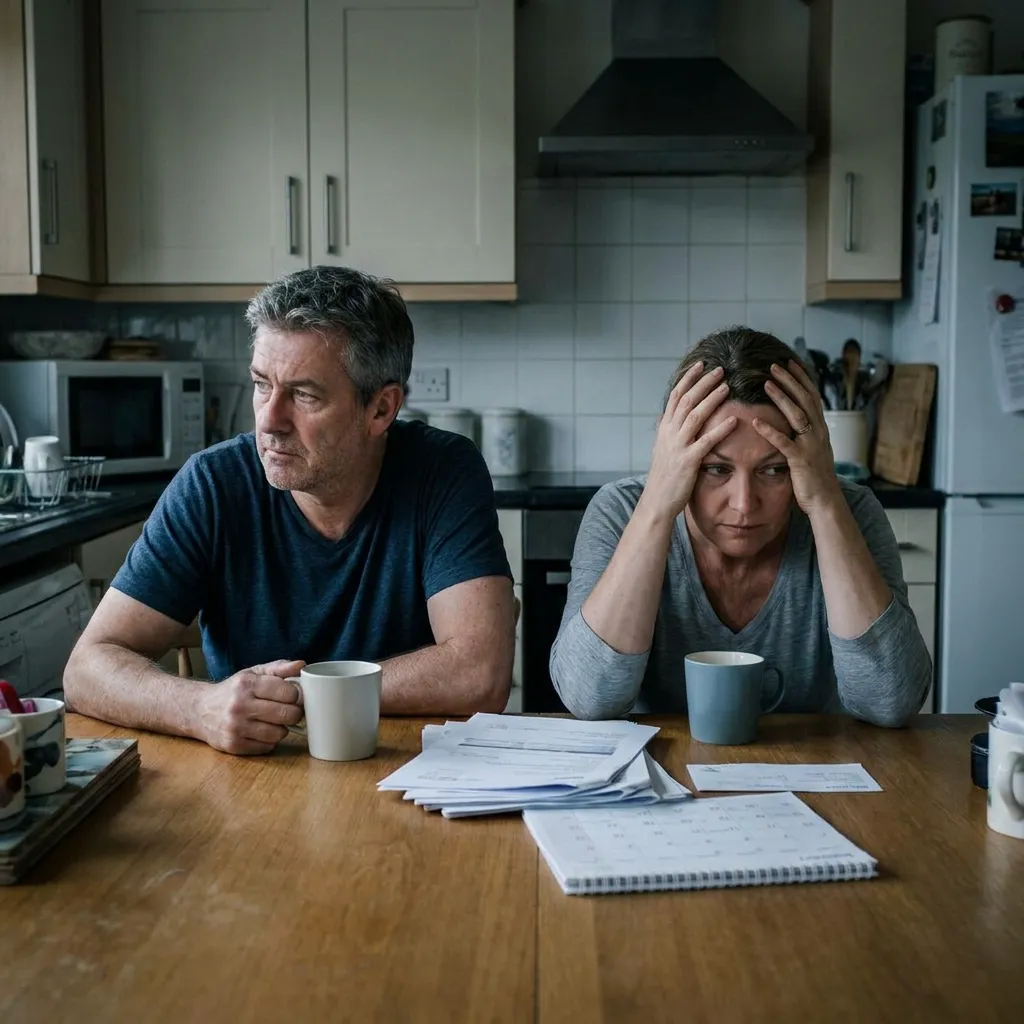 A stressed middle-aged man and woman sit at a kitchen table covered with scattered bills, paperwork, and coffee mugs. The woman holds her head in her hands in distress, while the man looks away with a tense, worried expression.
