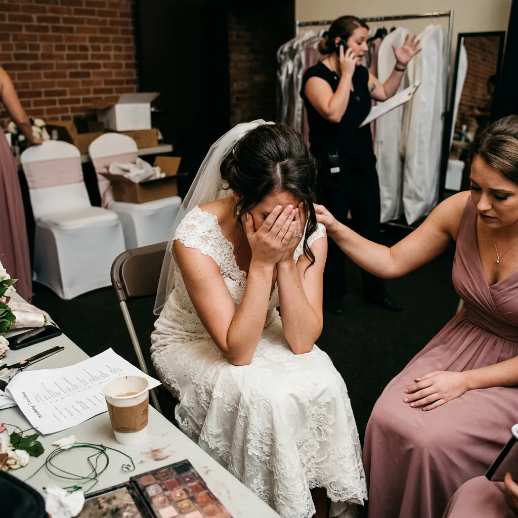 A stressed bride in a lace wedding dress sits with her face buried in her hands, while a bridesmaid in a mauve dress sits beside her, offering comfort by placing a hand on her shoulder in a cluttered getting-ready room.