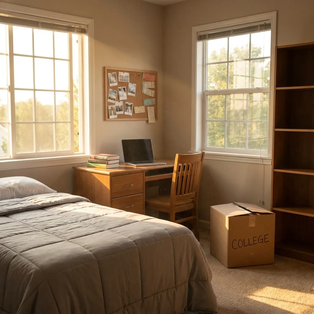 A sunlit, empty bedroom featuring a neatly made bed, a wooden desk with a laptop, an empty bookshelf, and a taped cardboard box labeled "COLLEGE" sitting on the floor, indicating a student preparing to move out.