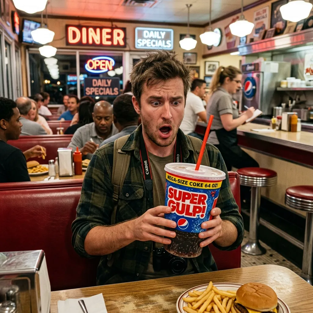 A wide-eyed, surprised man sitting in a retro diner booth holding a massive 64-ounce Super Gulp soda cup, with a hamburger and fries on the table in front of him.