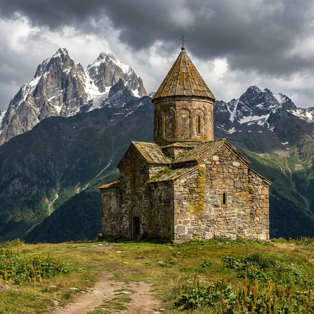 Ancient stone church backdrop against the rugged, snow-capped Caucasus mountain peaks in Georgia.