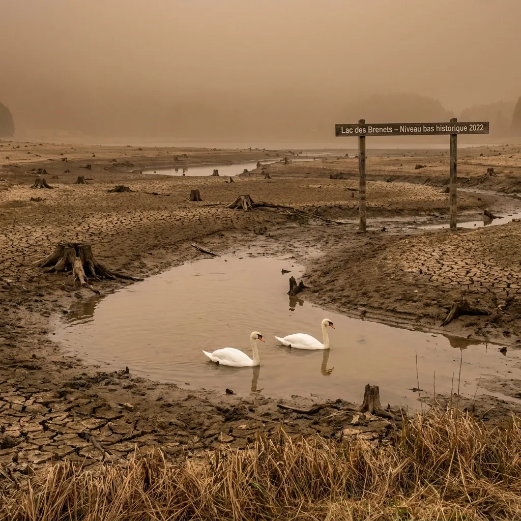 Two white swans swimming in a tiny remnant puddle surrounded by vast, cracked earth and exposed tree stumps at Lac des Brenets during the 2022 historic drought.