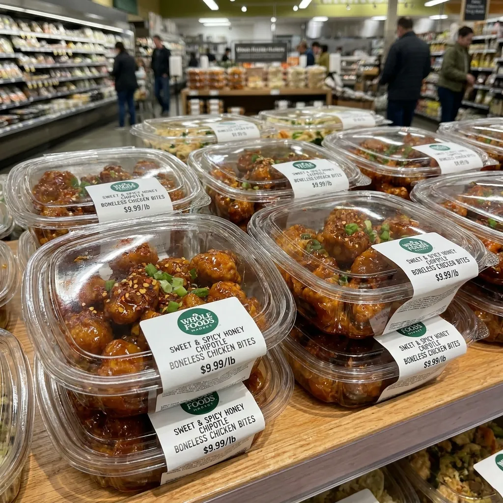Tall stacks of freshly made Chipotle Chicken Empanadas packaged in clear clamshell containers on a supermarket display shelf.