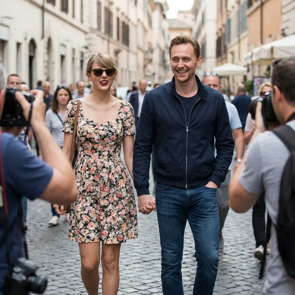 Taylor Swift and Tom Hiddleston holding hands and smiling as paparazzi take photos.