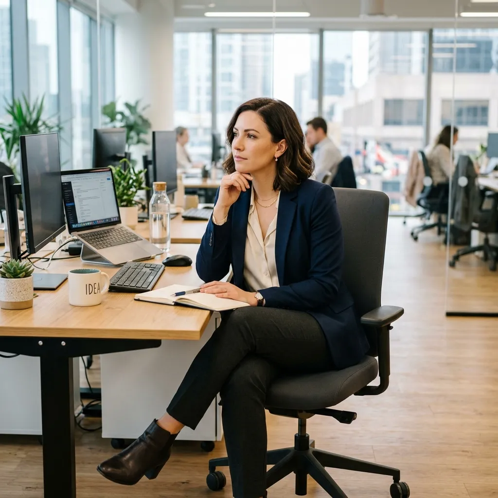 Businesswoman sitting cross-legged at a desk in a modern corporate office looking thoughtful
