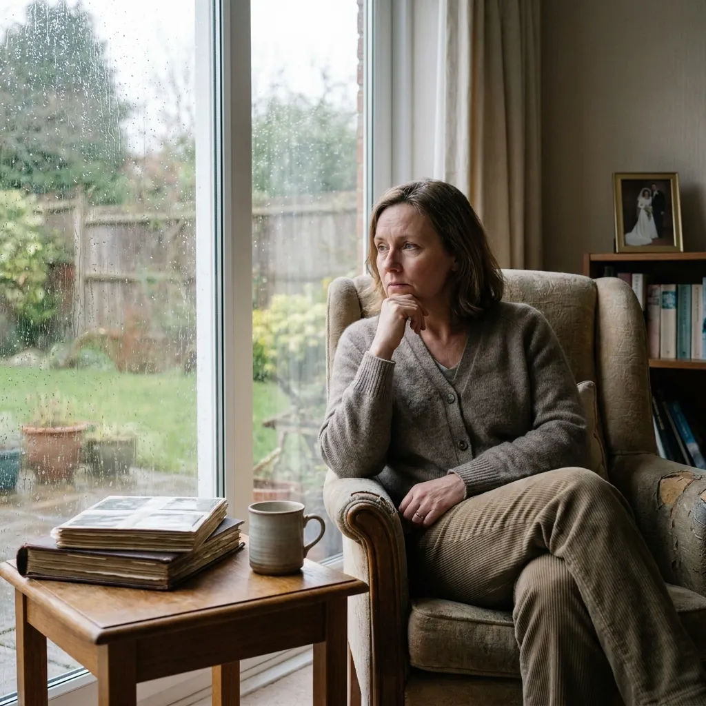 A thoughtful woman sits in a cozy armchair resting her chin on her hand, looking out a large window at a rainy garden. Next to her on a small wooden side table sits a stack of vintage photo albums and a ceramic mug.