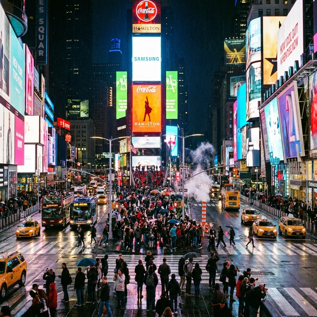 Bright neon billboards illuminating the busy pedestrian crosswalks of Times Square in New York City.