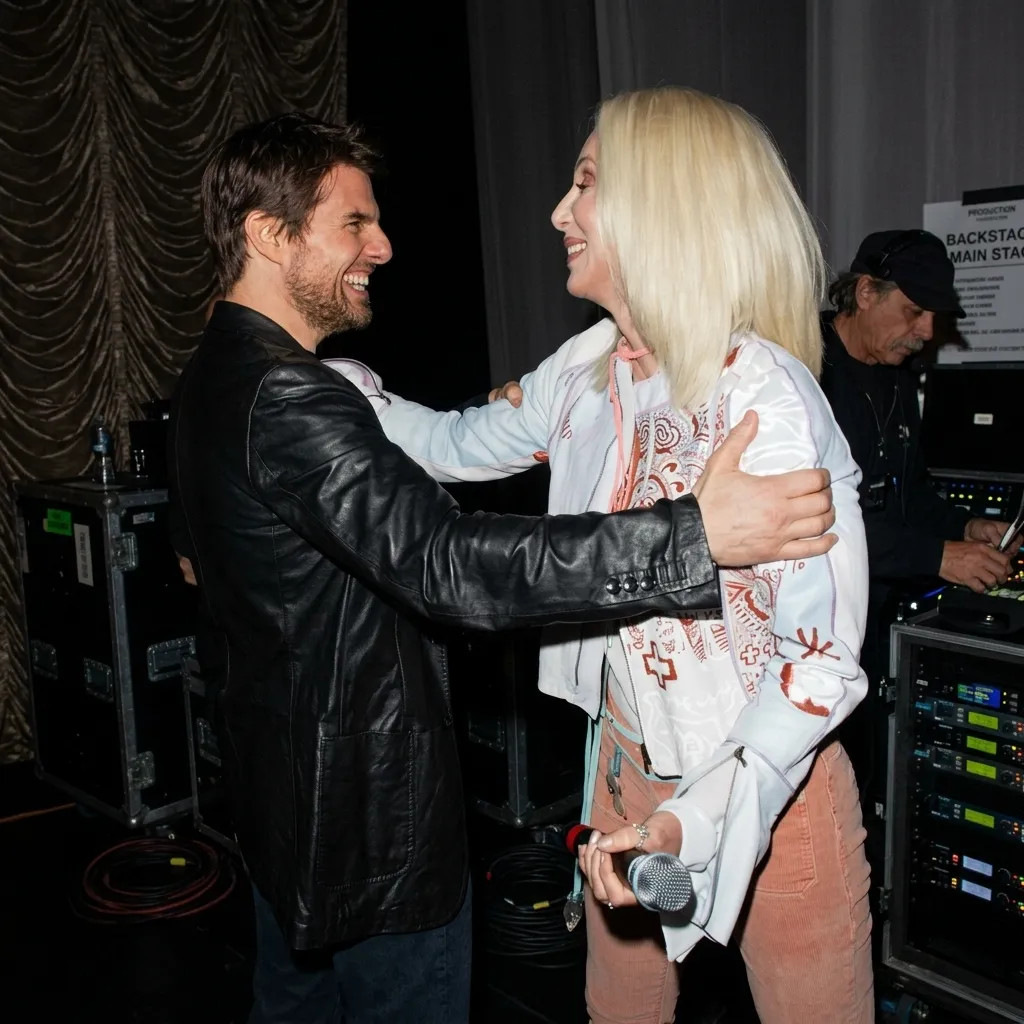 Tom Cruise and Cher smiling and greeting each other warmly backstage, with Cruise in a black leather jacket and Cher in a white patterned jacket.