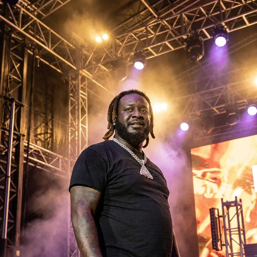 T-Pain performing live on stage wearing a black t-shirt and a diamond pendant, illuminated by bright yellow and purple stage lights
