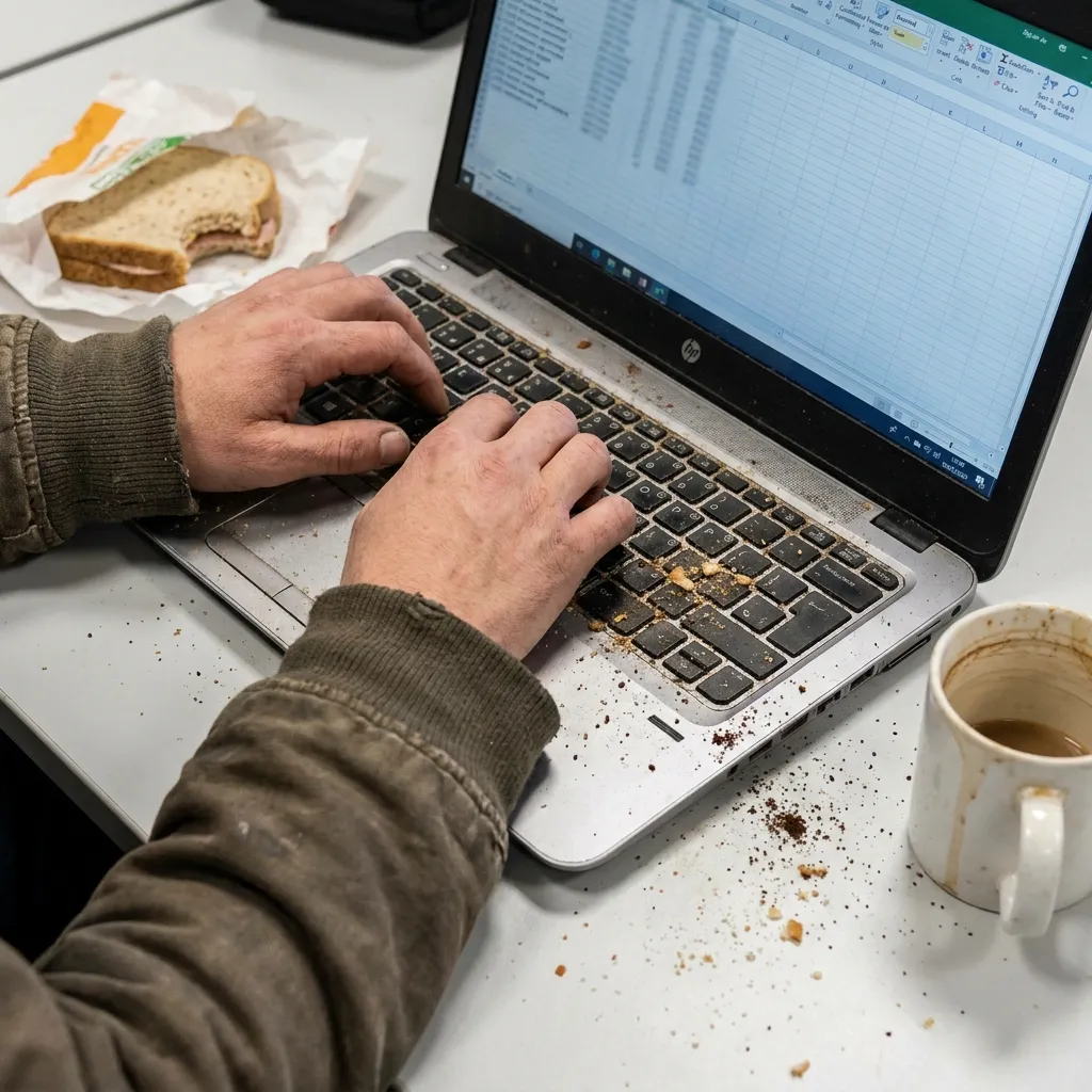 Hands typing on a dirty, crumb-covered laptop keyboard.