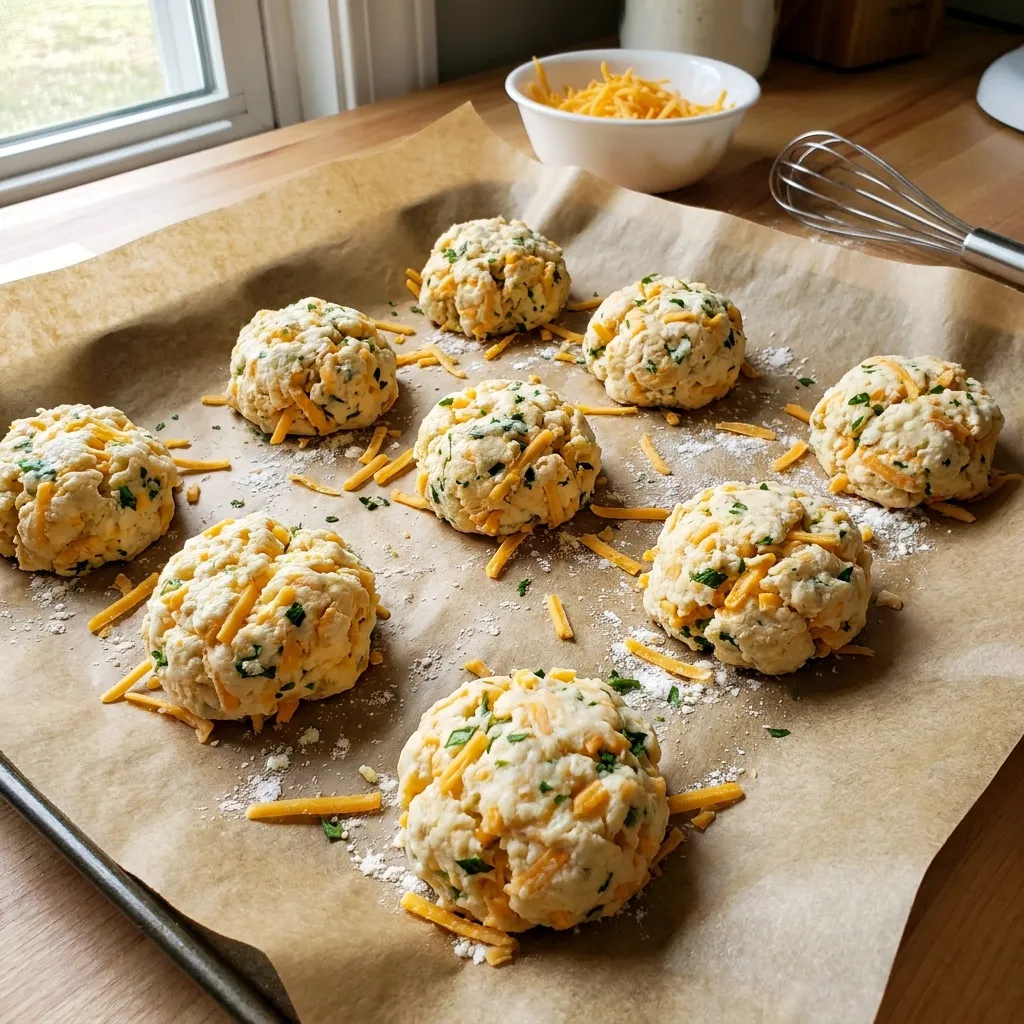 Raw, unbaked cheddar and herb biscuit dough balls arranged on a parchment-lined baking sheet on a wooden kitchen counter.