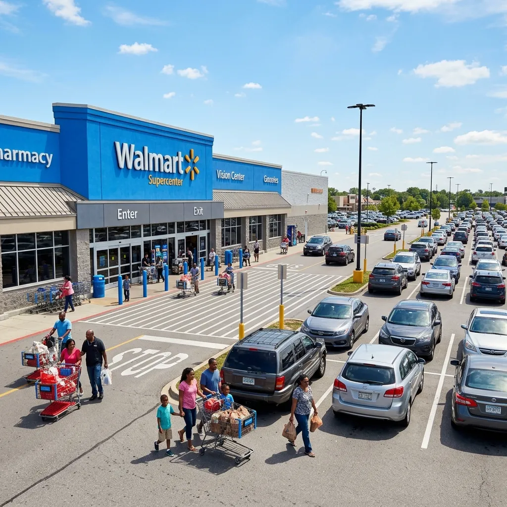 An elevated view of a busy Walmart Supercenter exterior on a sunny day, with several shoppers pushing full grocery carts across a crosswalk into a crowded parking lot.