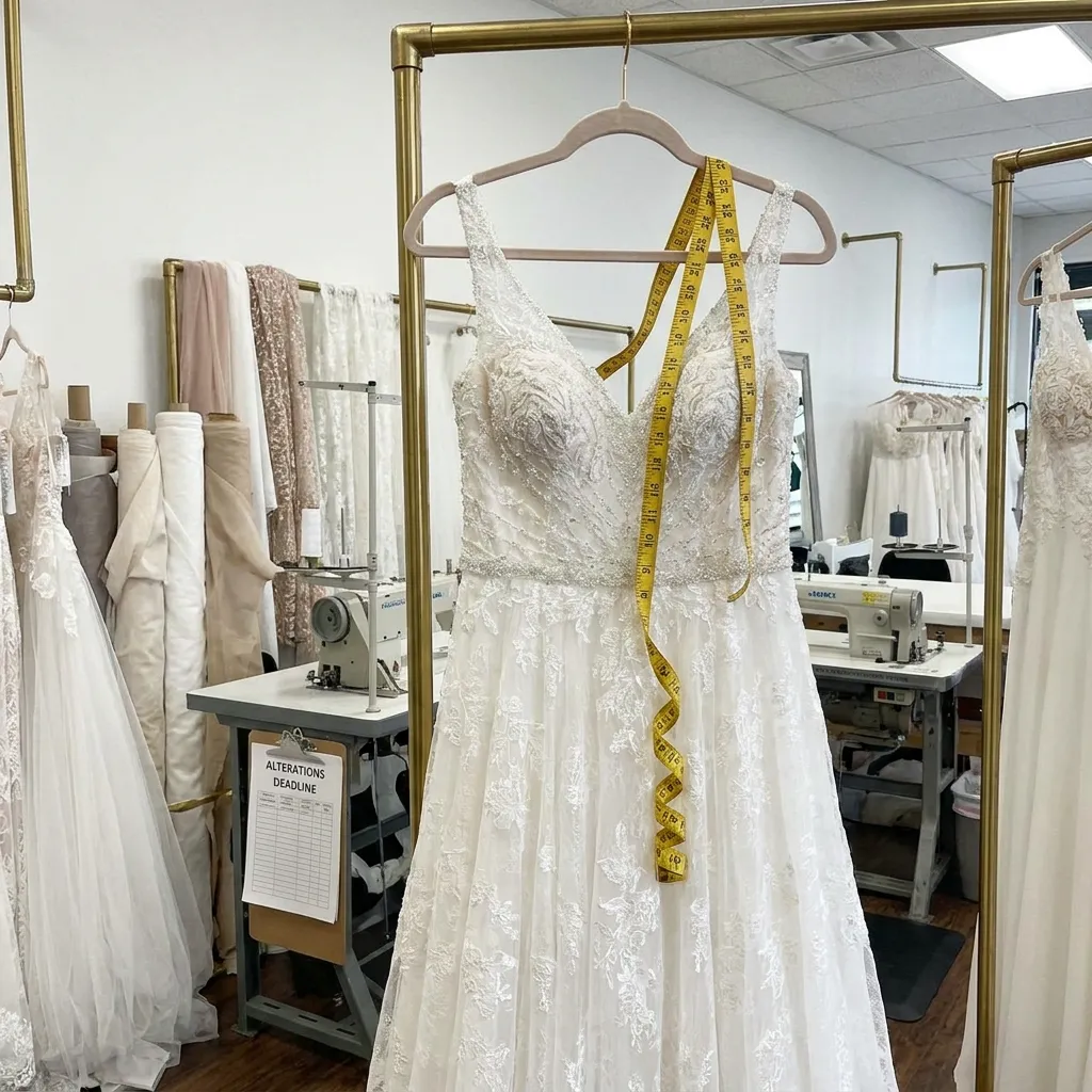 A white lace wedding dress hanging on a brass clothing rack in a tailor shop, with a yellow measuring tape draped across the bodice.