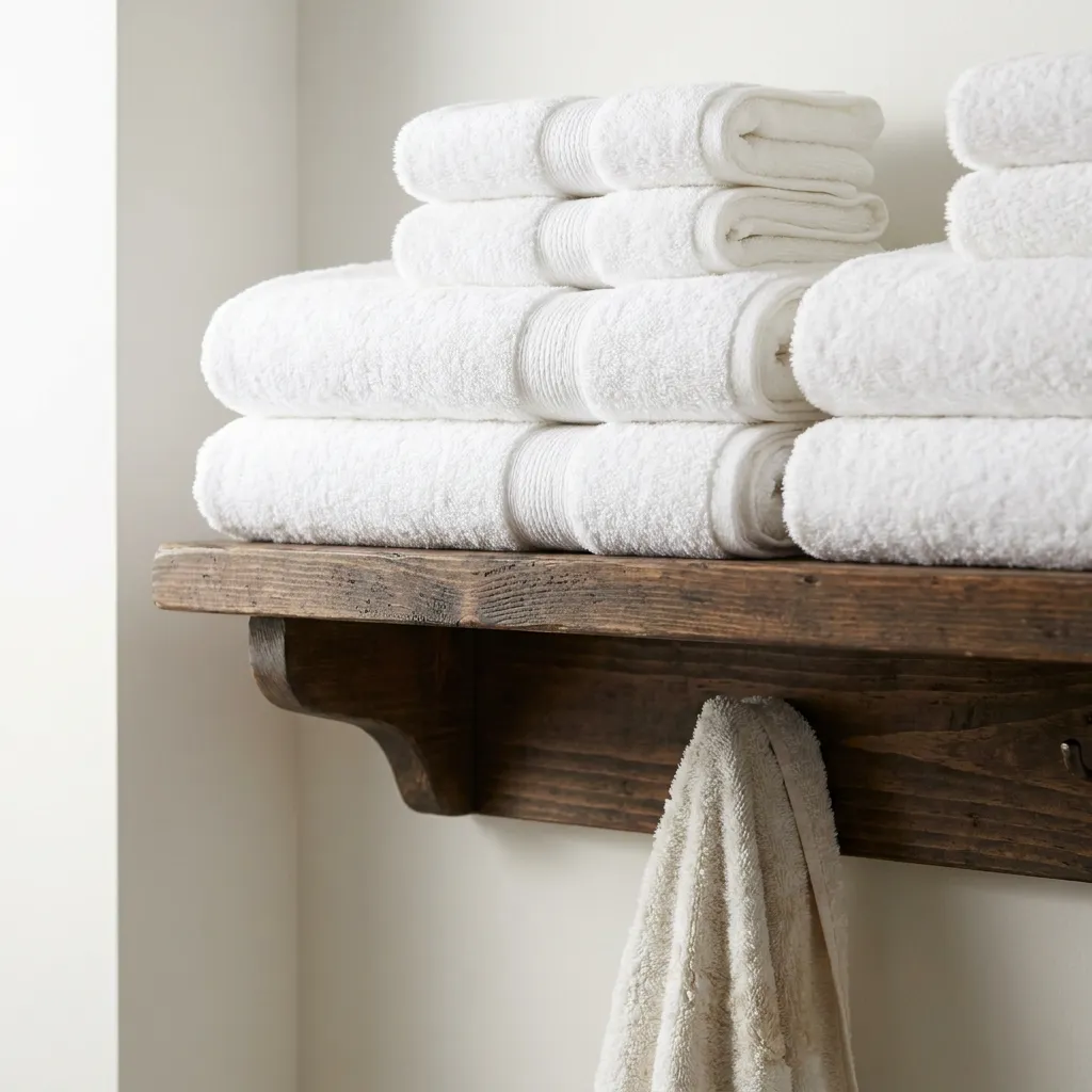 Stack of clean white folded towels on a rustic wooden shelf.