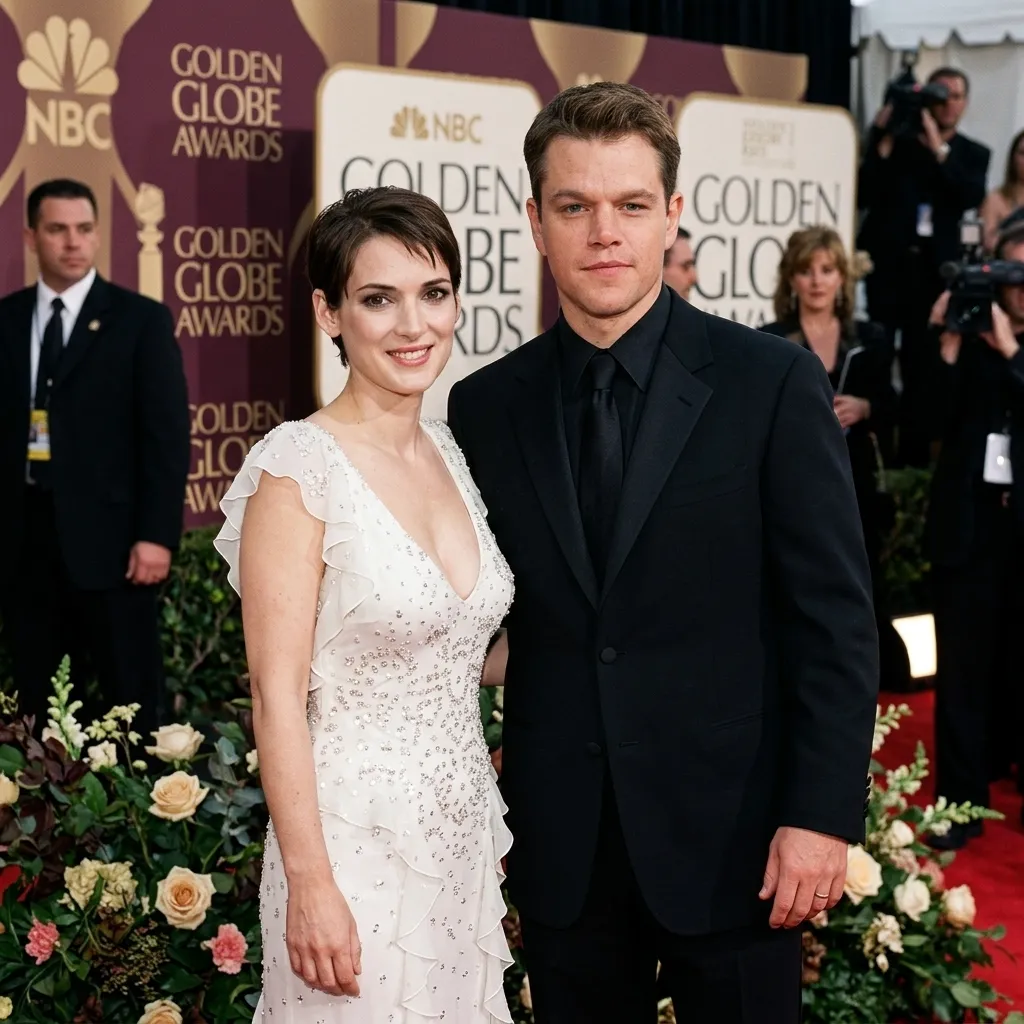 Winona Ryder in a white embellished dress and Matt Damon in a black suit posing together on the red carpet at the Golden Globe Awards.