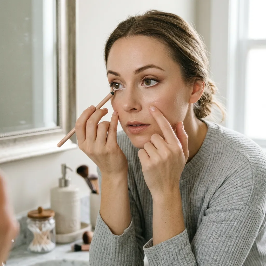 A woman looking into a bathroom mirror, gently pulling down her lower eyelid with one finger while applying a nude eyeliner pencil to her waterline.