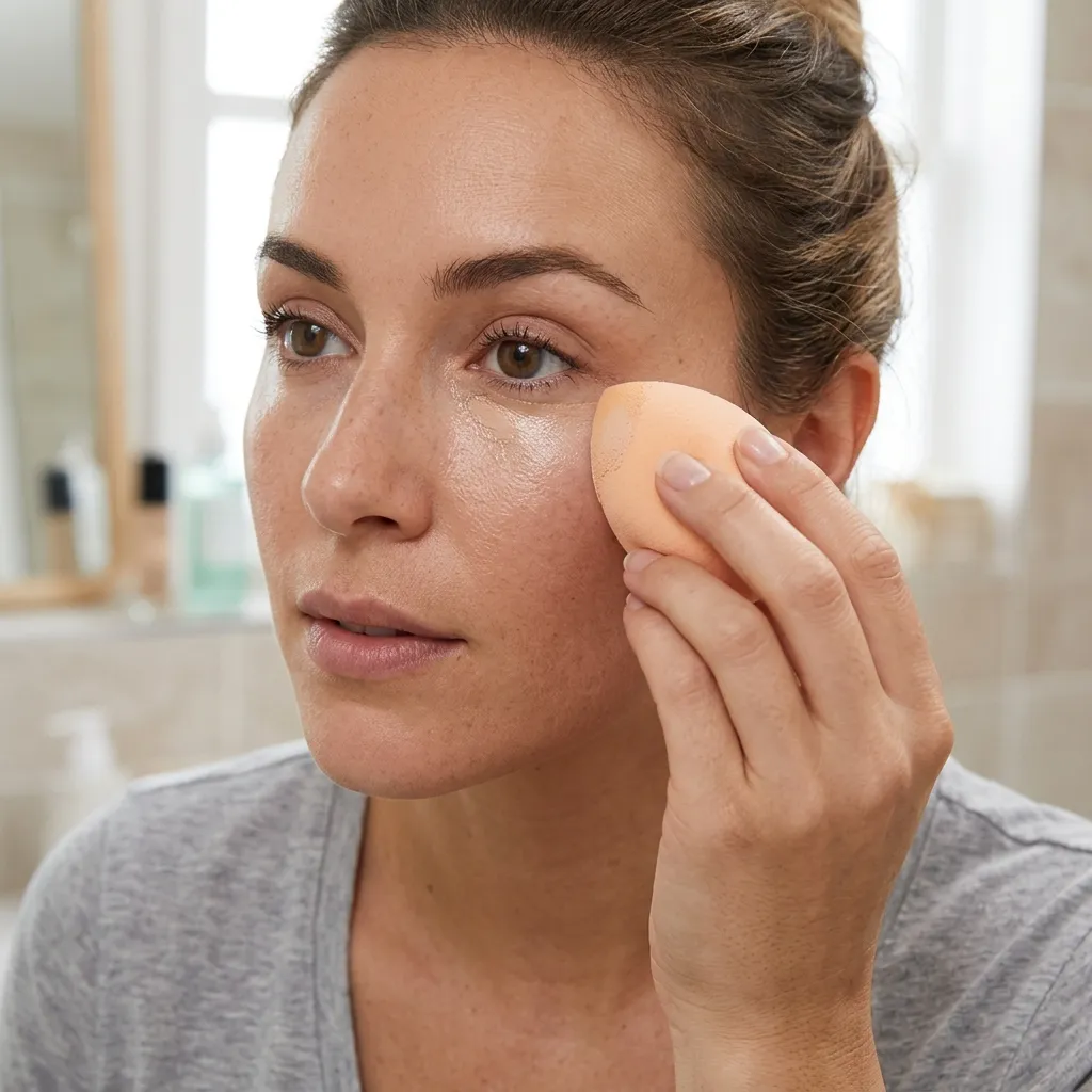 A close-up of a woman with her hair pulled back, using an orange teardrop-shaped makeup sponge to blend liquid concealer under her left eye.