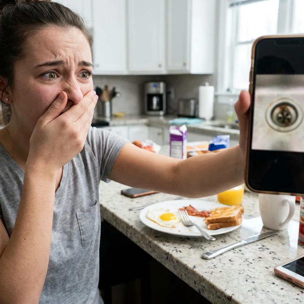 Disgusted woman looking at a dirty drain photo on her smartphone.