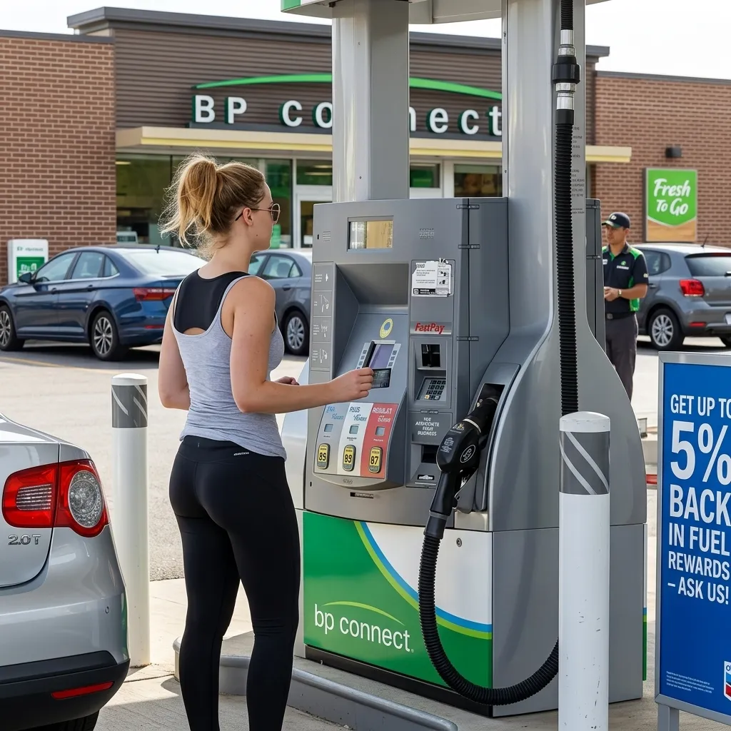 A woman with her hair in a ponytail, wearing a grey athletic tank top and black leggings, inserting a card into the keypad at a BP gas pump.