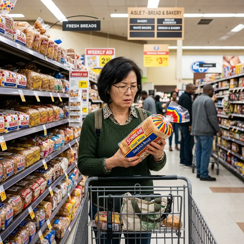 A woman wearing glasses and a green sweater standing in a grocery store aisle, closely reading the packaging of a loaf of Sunbeam Giant White Sandwich Bread.