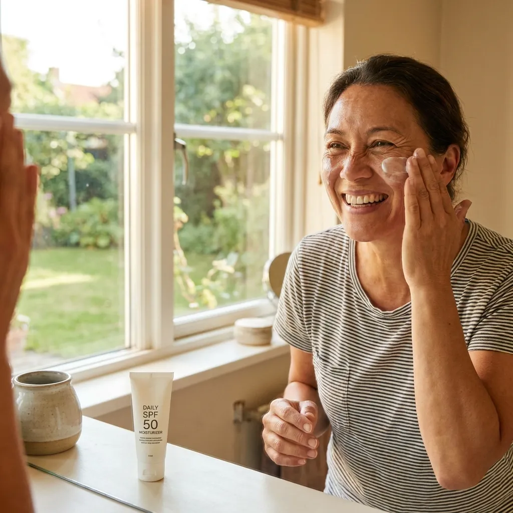 A smiling person applying daily SPF skincare cream to their cheek to prevent sun damage
