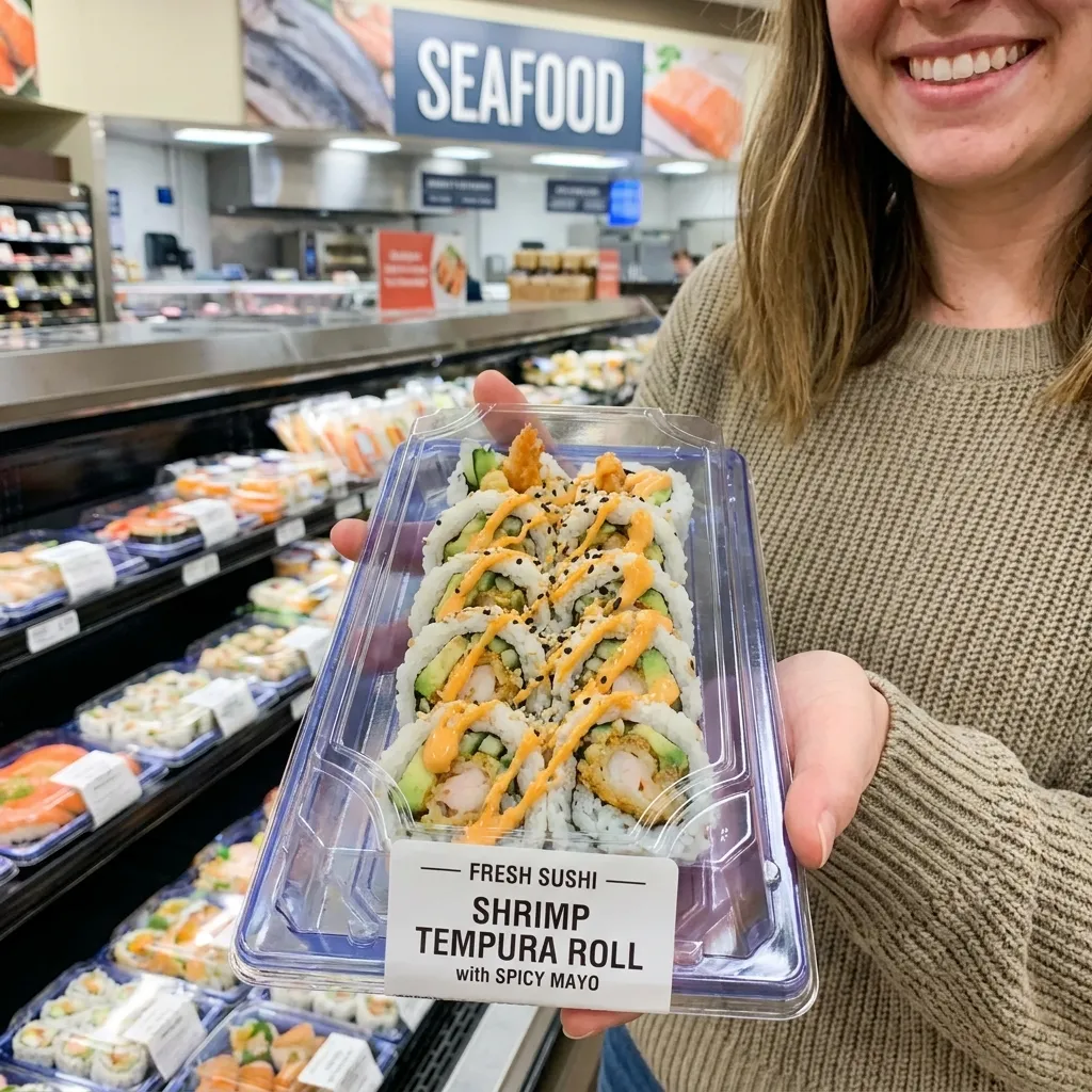 A smiling woman holding a packaged tray of fresh shrimp tempura sushi rolls drizzled with spicy mayo in the seafood section of a grocery store.