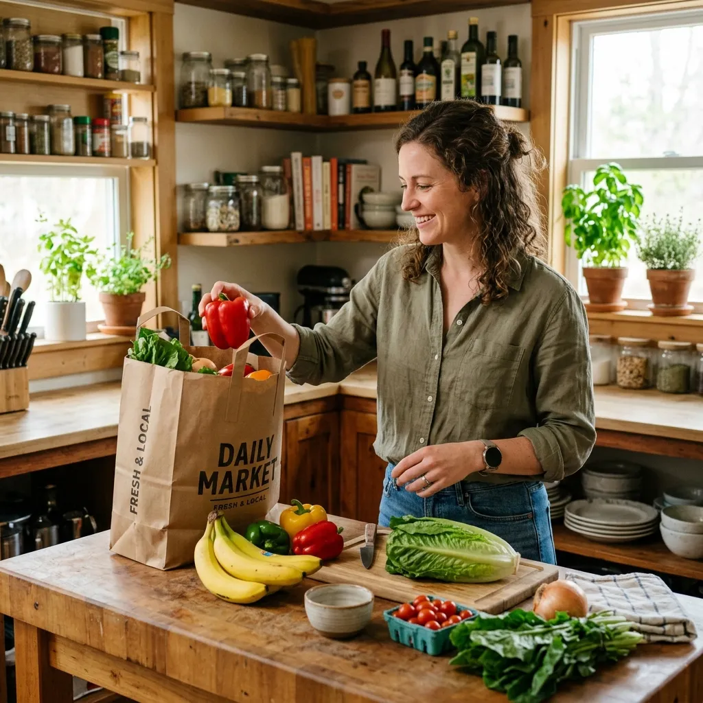 A smiling woman standing in a brightly lit kitchen, taking a red bell pepper out of a brown 'Daily Market' grocery bag filled with fresh produce on a wooden island.