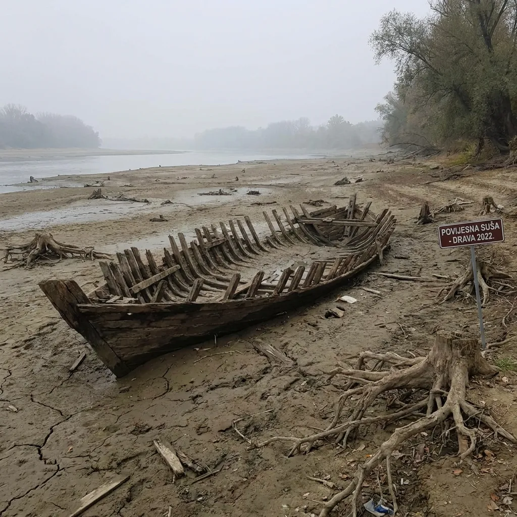 Skeleton of an abandoned wooden boat resting on the deeply cracked, dry bed of the Drava River during the historic 2022 drought, with a sign marking the event.