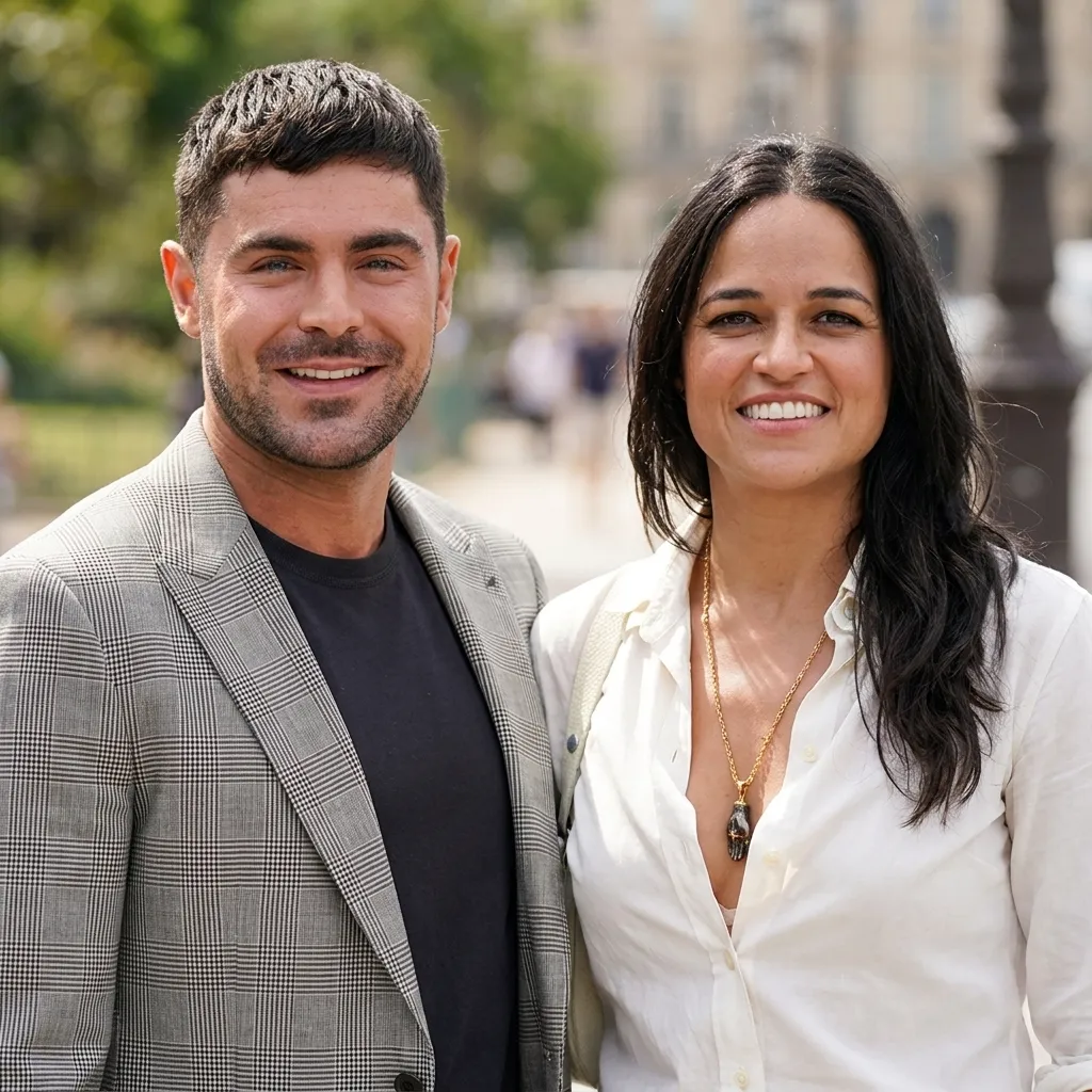 Zac Efron and Michelle Rodriguez smiling together outdoors.